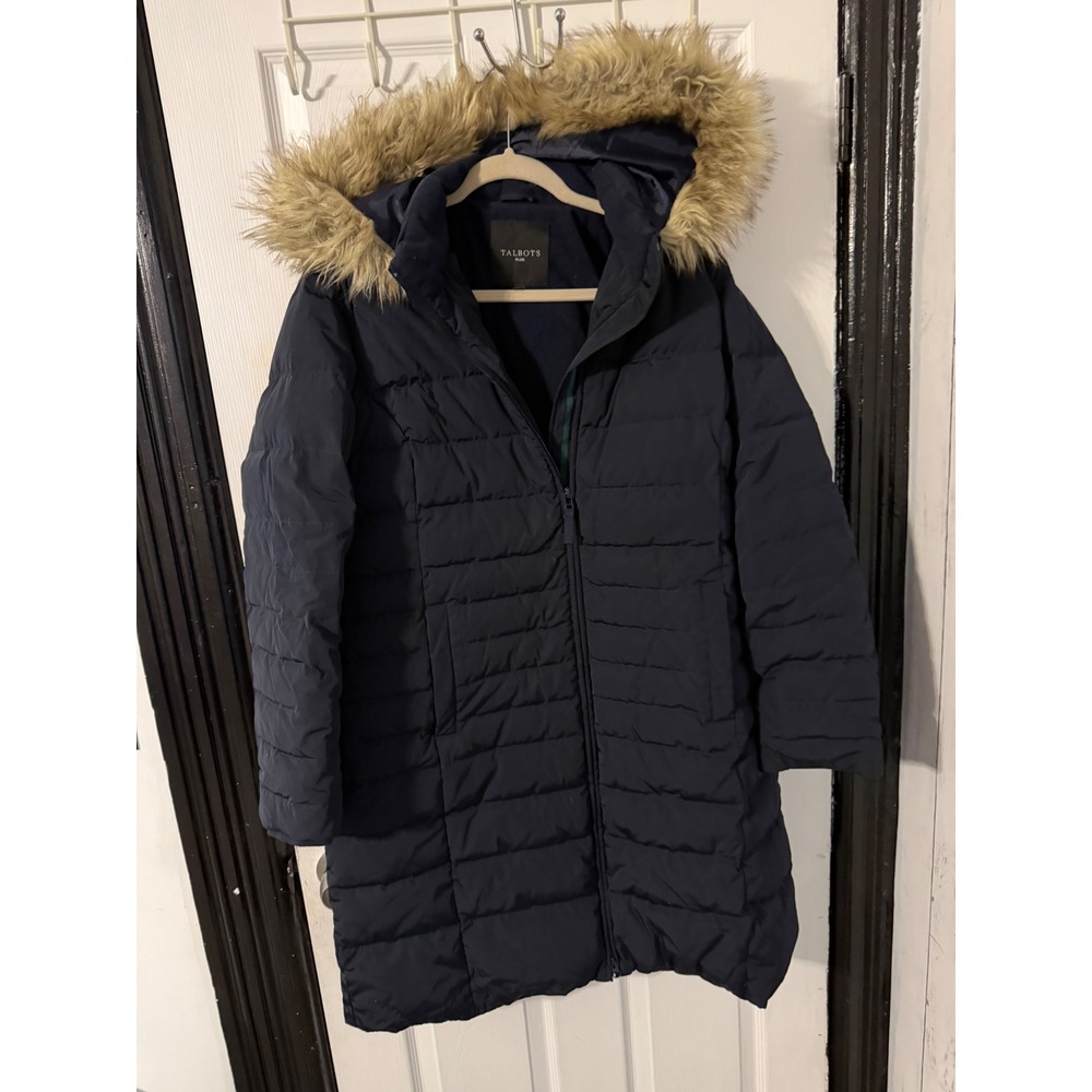 Talbots Plus Navy Blue Faux Fur Hooded Quilted Puffer Coat Jacket Size X